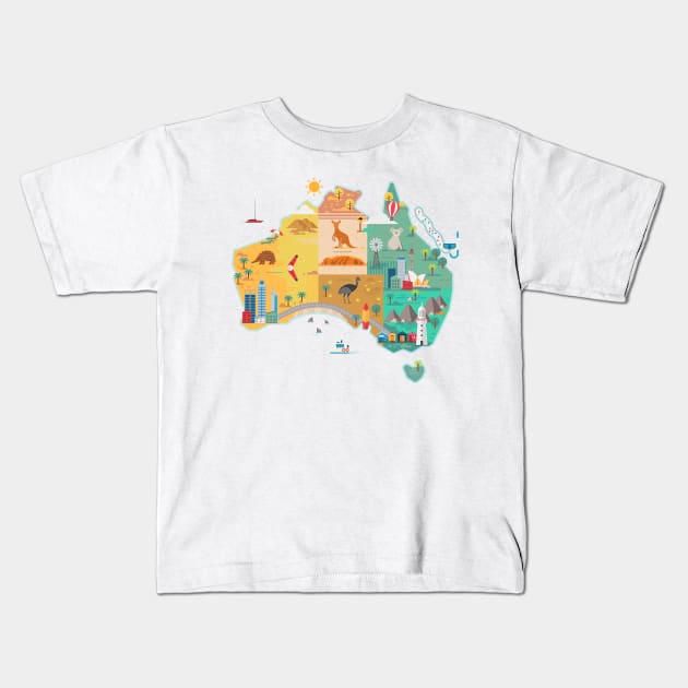 Cartoon Map of Australia Kids T-Shirt by Antikwar